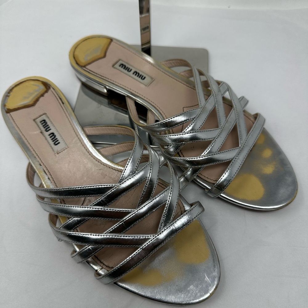 Miu Miu Silver Leather Sandals Flats Size 38